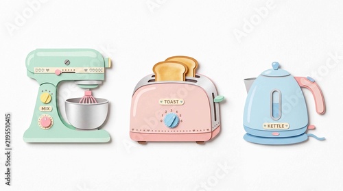 Pastel colored kitchen appliance set with mixer toaster and kettle