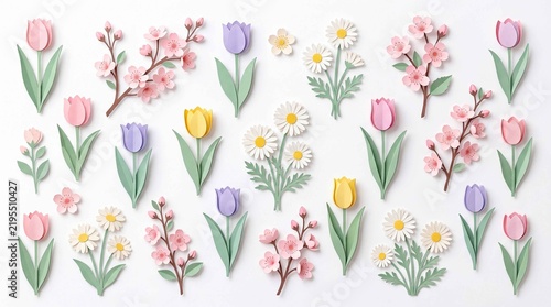 Colorful spring flower arrangement with tulip, cherry blossom, and daisy art