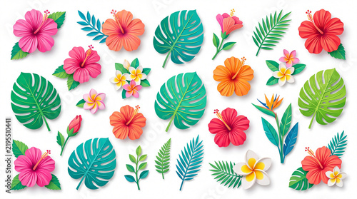 Colorful tropical flowers and leaves flat lay with hibiscus and plumeria