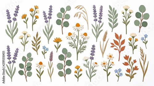 Colorful hand-drawn wildflower botanical elements collection on white