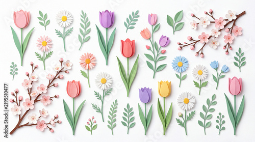 Colorful paper cut spring flowers and leaves arrangement on white background