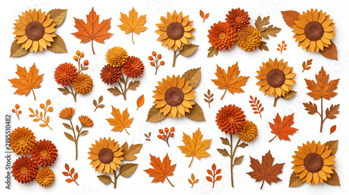 Autumn paper flowers and leaves arrangement with sunflowers and maple leaves