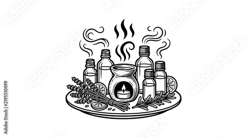 Essential oils and candle line art illustration.