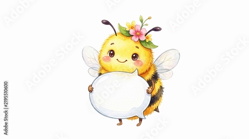 Cute happy cartoon bee holding blank speech bubble with flower crown