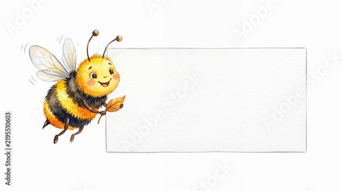 Cute smiling cartoon bee holding blank card with white background