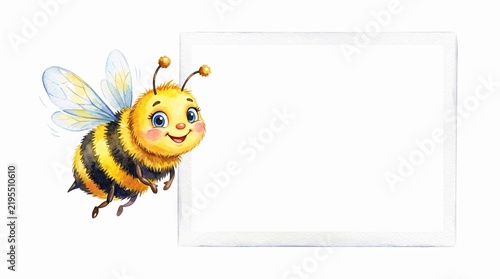 Cute happy bee cartoon character holding blank sign with white background
