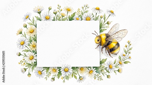 Cute bumblebee with white flower frame card for spring summer greeting