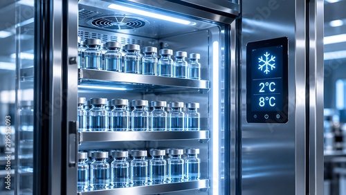Pharmaceutical vaccine vials stored in a modern medical refrigerator with digital temperature display symbolizing cold chain logistics and healthcare preservation