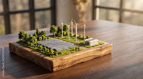 Miniature model of a sustainable energy power plant with solar panels, wind turbines, and battery storage on a wooden base
