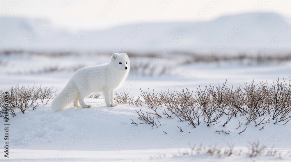 Obraz premium Arctic fox stands in snowy tundra landscape. White fur blends with snow covered ground and sparse arctic plants. Remote cold wilderness habitat scene.