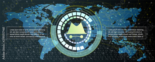 futuristic global technology background featuring a digital world map, crown icon, circular hud interface, binary code, network connections, and glowing lines for leadership, business, innovation