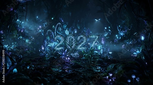 Mysterious glowing numbers 2027 in a dark fantasy forest.