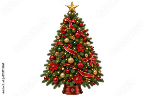 decorated Christmas tree adorned with red and gold ornaments, ribbons, poinsettias, and topped with a golden star.