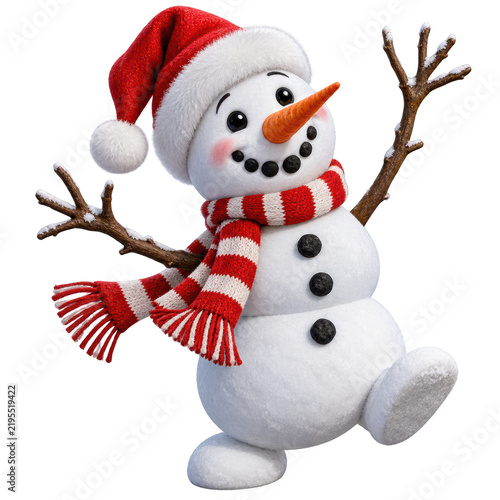  cheerful snowman wearing a red and white striped scarf and Santa hat, with stick arms raised and a carrot nose, smiling brightly.