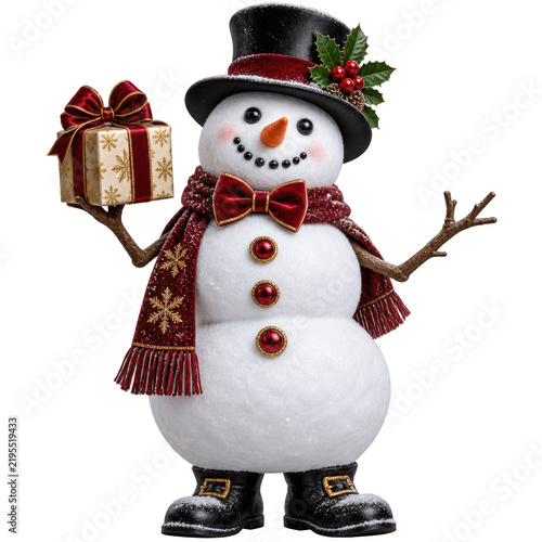  cheerful snowman wearing a black top hat, red scarf, and bow tie holds a wrapped gift, decorated with holly and buttons, smiling with a carrot nose and coal eyes and mouth.