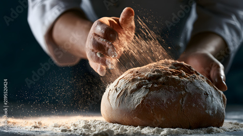 Chef Using An Alternative Flour To Bake A Gluten-Free Loaf Of Bread, Dramatic Side Lighting With Deep Shadows, Macro Lens, Fine Detail, Cool Muted Blue-Gray Palette, Photorealistic
