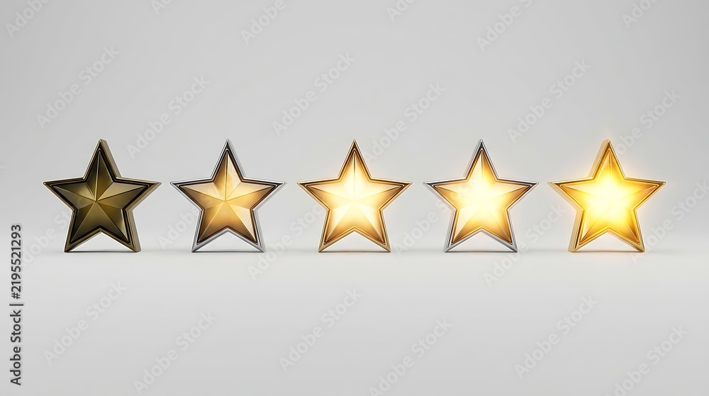 Fototapeta premium A 3d rendering illustration for rating system visuals featuring five metallic stars ranging from dark to glowing gold