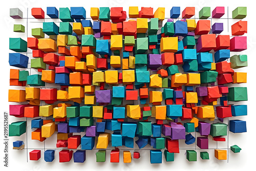 A vibrant and dynamic abstract sculpture composed of numerous colorful blocks of varying sizes and depths, creating a visually engaging mosaic effect