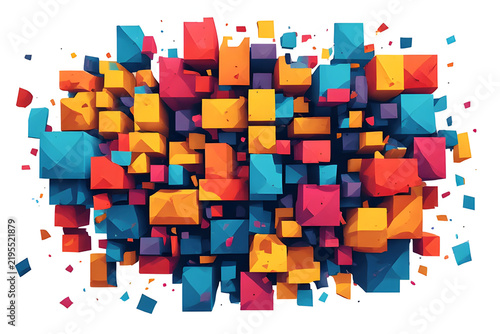 Vibrant explosion of abstract three-dimensional cubes creating a dynamic and energetic geometric pattern, ideal for modern graphic design backgrounds and digital art concepts