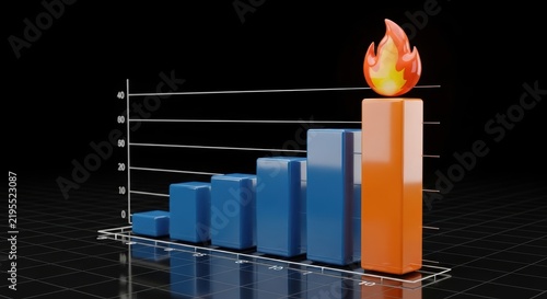 3D Bar Chart with Flame Icon Representing Growth and Success