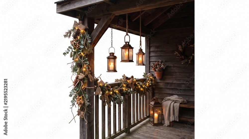 Obraz premium Rustic porch decorated with Christmas garland and lanterns, creating a cozy atmosphere. 