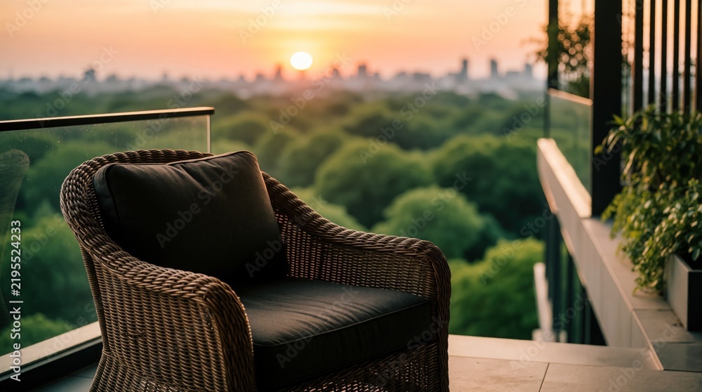 Fototapeta premium Wicker chair with cushions sits on apartment balcony overlooking green landscape at sunset. Urban skyline visible in distance. Peaceful evening rest.