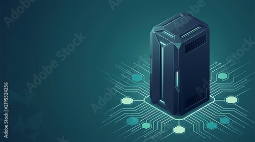 Obraz na płótnie Isometric Data Server Tower on Futuristic Circuit Background