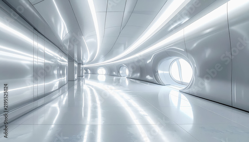 Futuristic hallway with sleek, white, curved walls and reflective floor