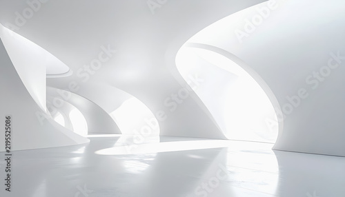 Minimalist white futuristic architecture with smooth curves and bright natural light