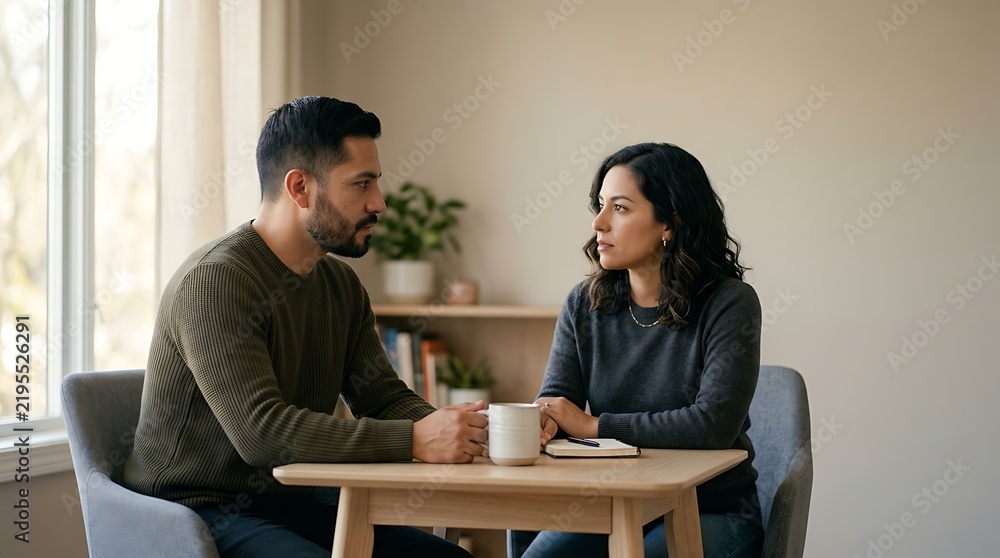 Fototapeta premium A young couple having a serious and deep conversation while sitting at a table in their home.