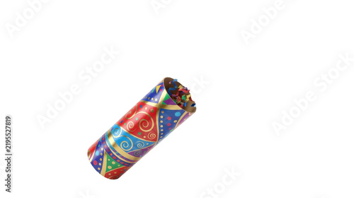 Vibrant party confetti cannon tube with patterned paper wrapping isolated on white background for festive commercial celebrations
