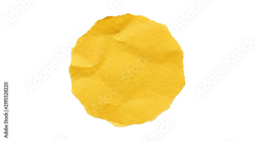 Circular yellow wrinkled paper cutout isolated against clean white studio backdrop featuring textured ripped edges design element