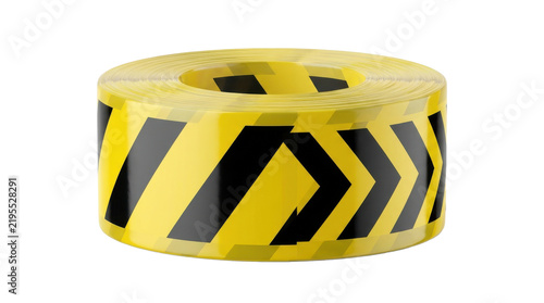 Industrial yellow black hazard caution tape roll isolated studio shot marking dangerous area boundary signage construction site