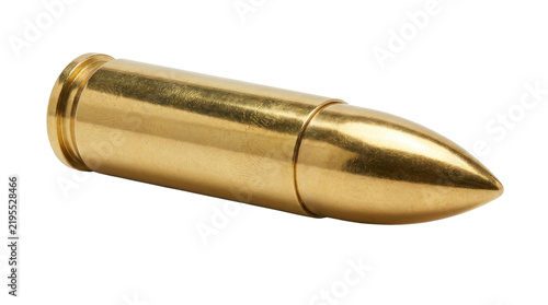 Single metallic handgun cartridge positioned horizontally isolated against plain white background commercial stock photography