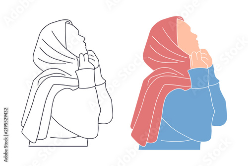 Foto Cute Muslim woman wearing red hijab headscarf vector illustration set in line ar