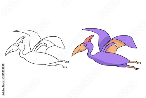 Foto Cute pterodactyl flying dinosaur vector illustration set in line art and purple