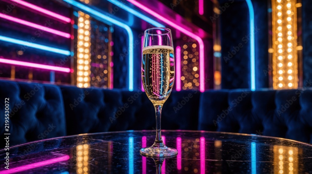 Obraz premium Sparkling champagne flute sits on dark table in nightclub. Neon lights in pink, blue glow, reflecting on surface. Plush seating forms background, suggesting luxurious, vibrant atmosphere for