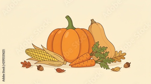 Fresh orange pumpkin with yellow corn and organic carrots arranged for festive autumnal harvest season display