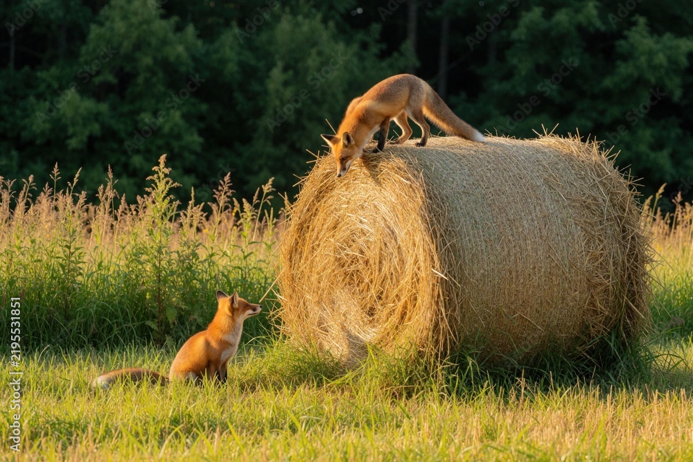 Obraz premium Two red foxes in summer field. One wild fox stands on round hay bale sits on green grass. Animals interact near straw roll in rural farmland landscape during sunset. Vulpes vulpes wildlife in