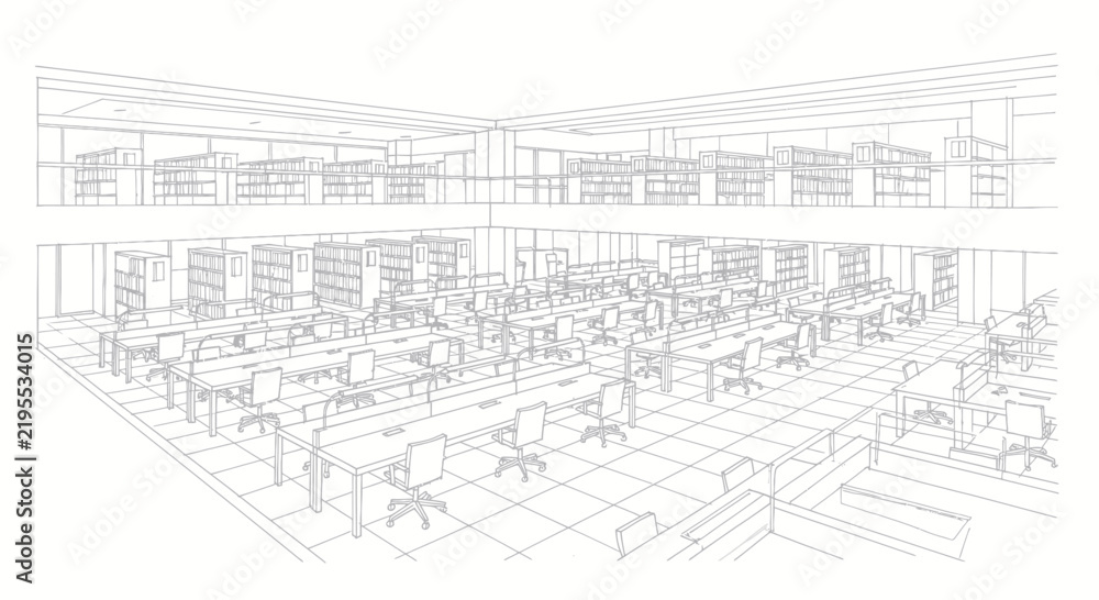 Fototapeta premium Modern Architectural Sketch of a Spacious Library or Study Hall with Rows of Workstations and Bookshelves