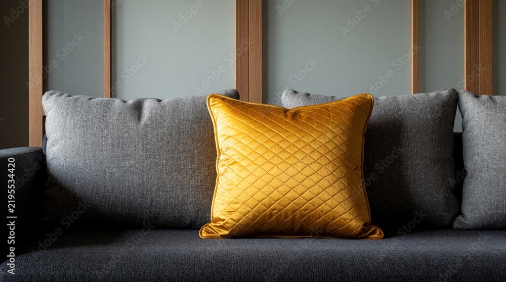 Naklejka premium Close-up of modern living room sofa featuring dark gray fabric upholstery, textured cushions. Bright yellow quilted pillow adds pop of color, contrast against neutral tones of furniture,