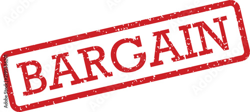 A textured red rubber stamp with the bold word BARGAIN printed diagonally across a bright white surface