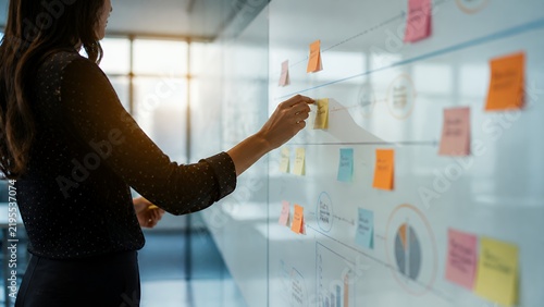 Side view business planning with sticky notes on glass strategy board