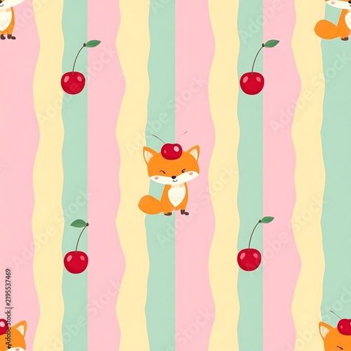 Red Cherries Fruit Illustration On Colorful Pastel Wavy Lines Background