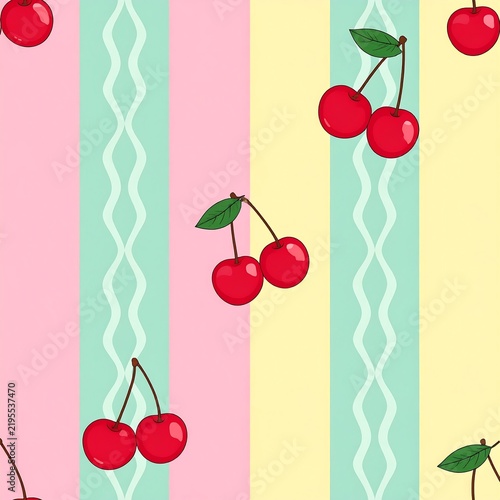 Red Cherries Fruit Illustration On Colorful Pastel Wavy Lines Background