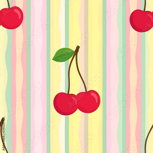 Red Cherries Fruit Illustration On Colorful Pastel Wavy Lines Background