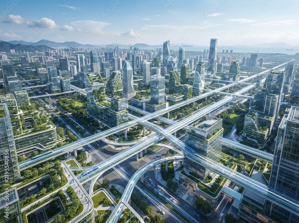 Fototapeta premium Aerial view of green futuristic metropolis with elevated transit skyways and vertical garden skyscrapers on sunny day 