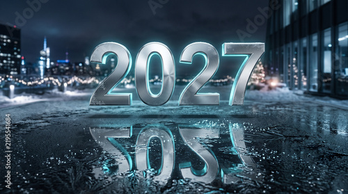 2027 New Year Celebration Reflected on a Rainy City Street