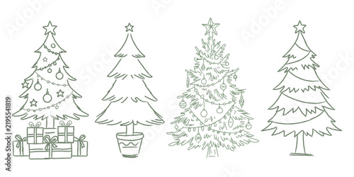 Set of four handdrawn christmas trees with ornaments and gifts, festive holiday doodle collection for winter season design elements