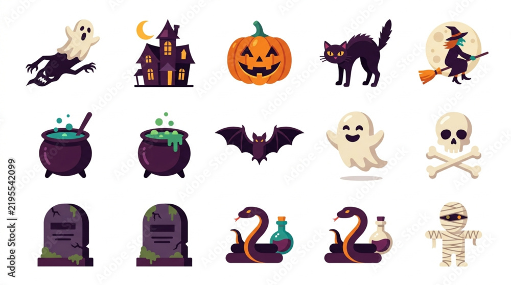Obraz premium Modern Halloween Themed Icon Set Colorful Ghost Black Cat Witch Pumpkin Cauldron Bat Skull Graveyard and Potion Bottles